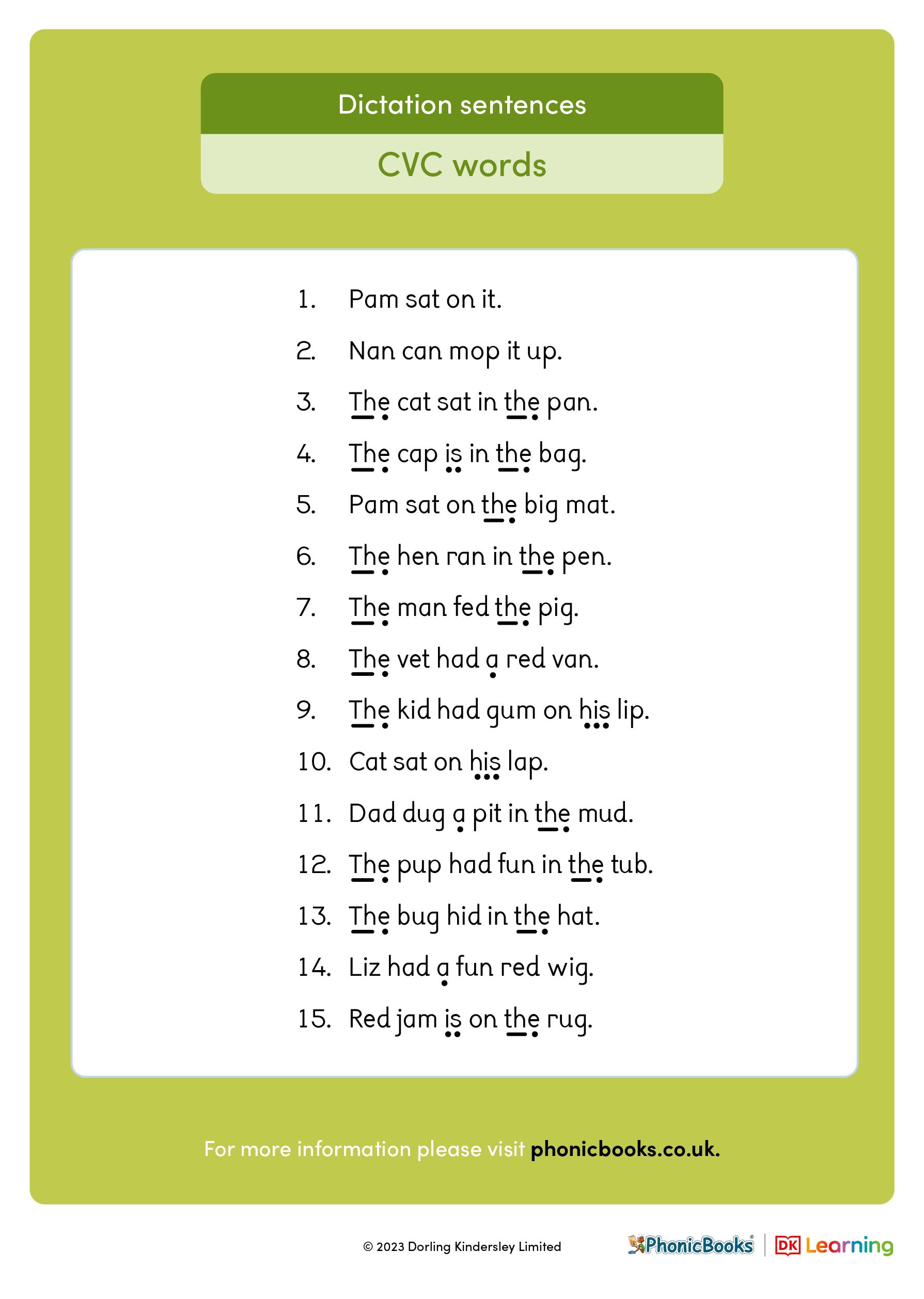 Sentence Dictation For Grade 1 Dictation sentences: CVC words – Phonic Books UK