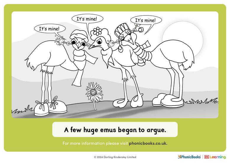 Emu sentence with /ue/ words (B&W) – Phonic Books UK