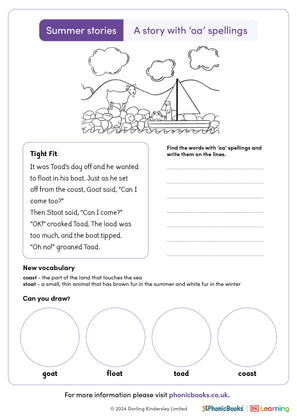 Summer Stories 'oa spellings' Worksheet (B&W) - image